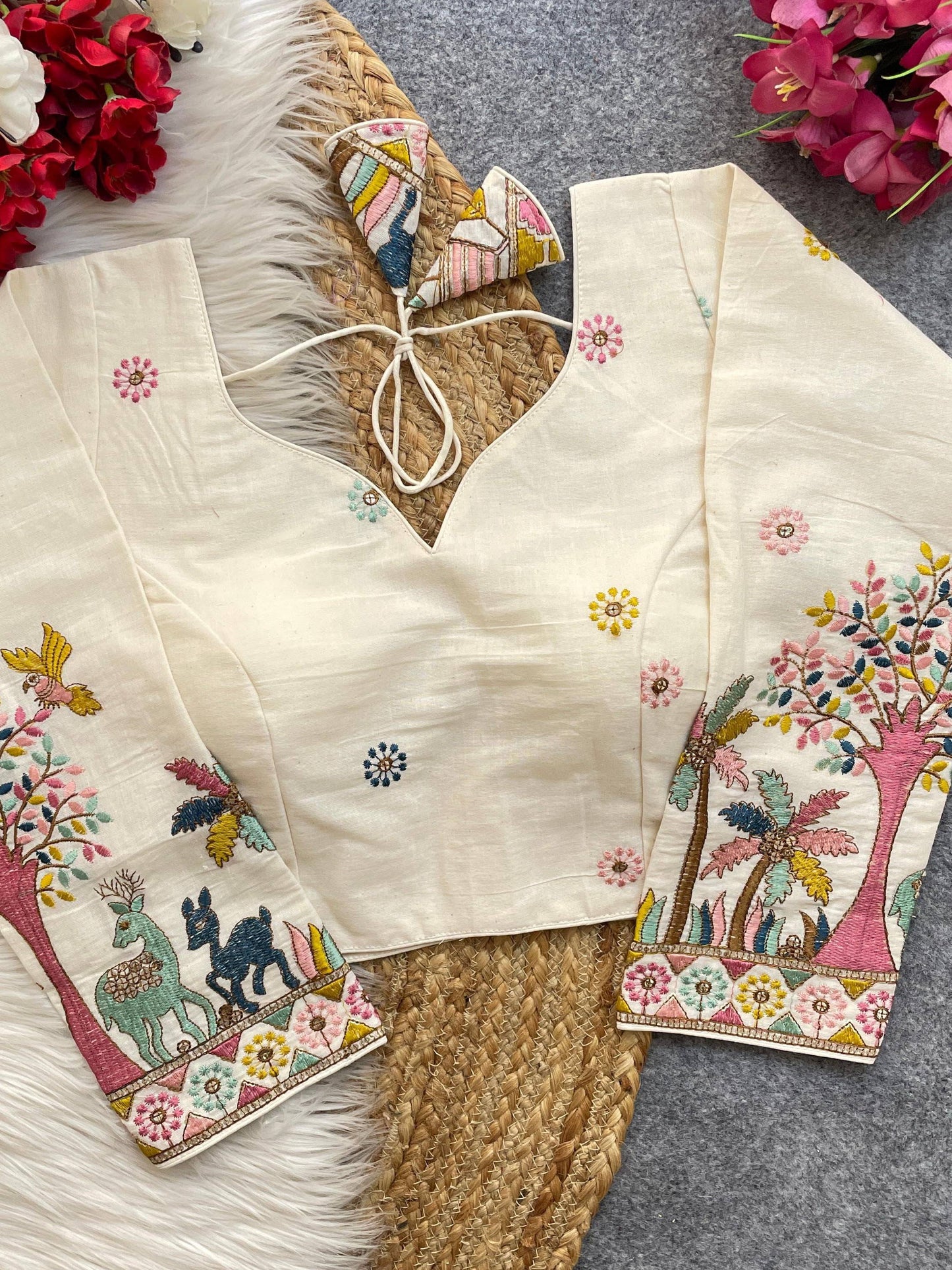Beautiful Khadi Cotton With Chain Stitch Embroidered Blouse D Free Size