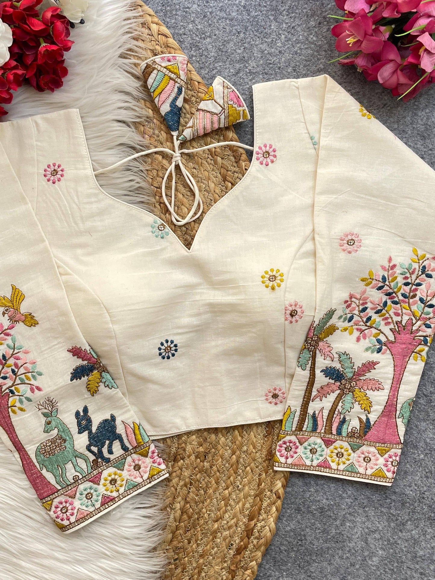 Beautiful Khadi Cotton With Chain Stitch Embroidered Blouse