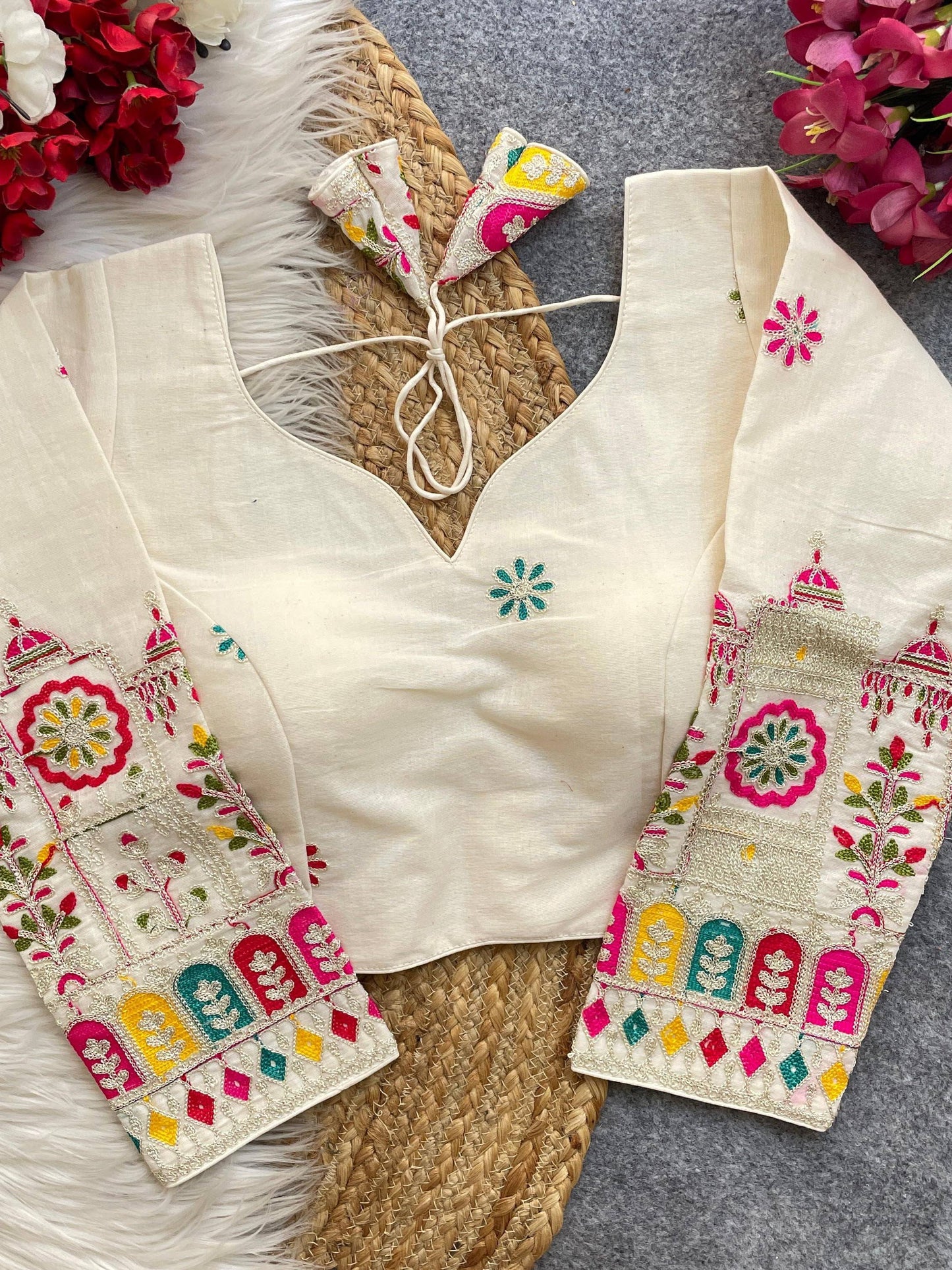Beautiful Khadi Cotton With Chain Stitch Embroidered Blouse B Free Size