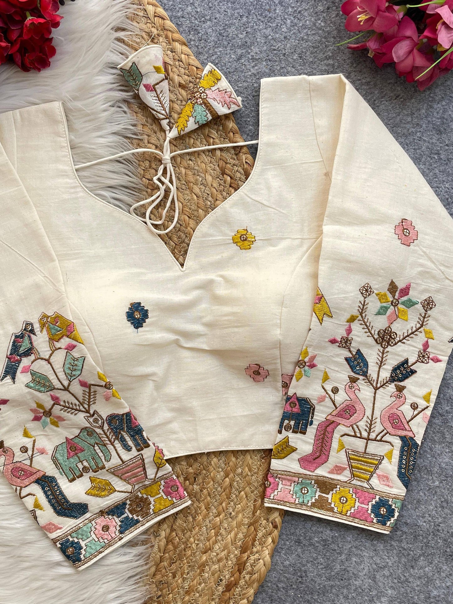 Beautiful Khadi Cotton With Chain Stitch Embroidered Blouse C Free Size