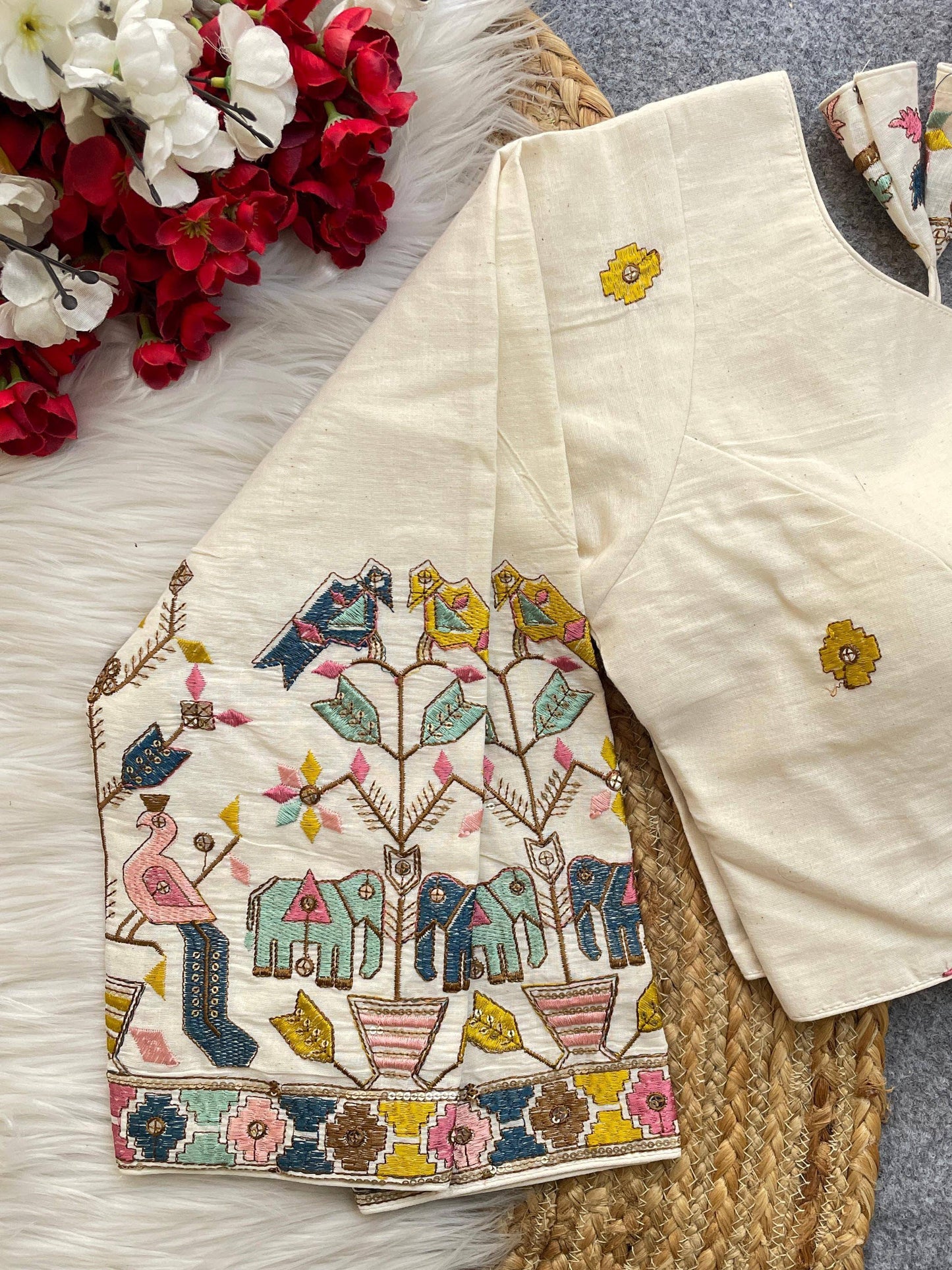 Beautiful Khadi Cotton With Chain Stitch Embroidered Blouse