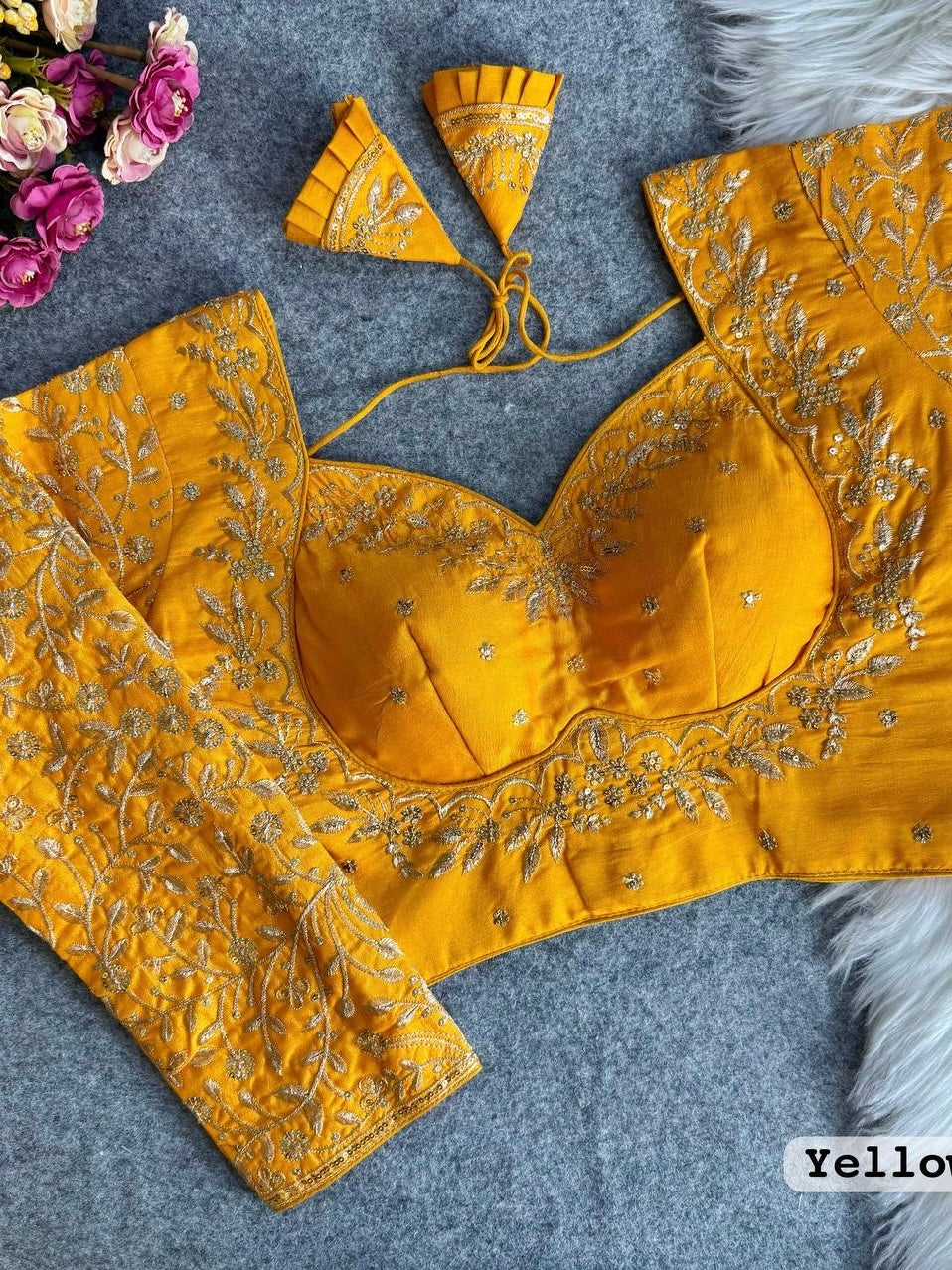 Royal mumtaz style long Sleeves Bridal Blouse Yellow Free Size
