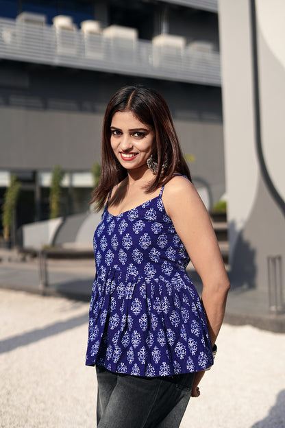 Blue floral cotton short kurti