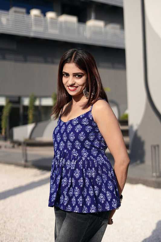 Blue floral cotton short kurti