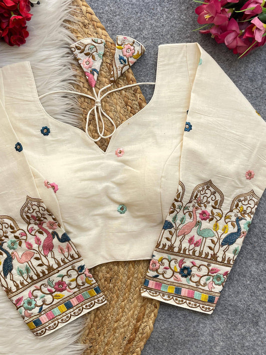 Beautiful Khadi Cotton With Chain Stitch Embroidered Blouse A Free Size