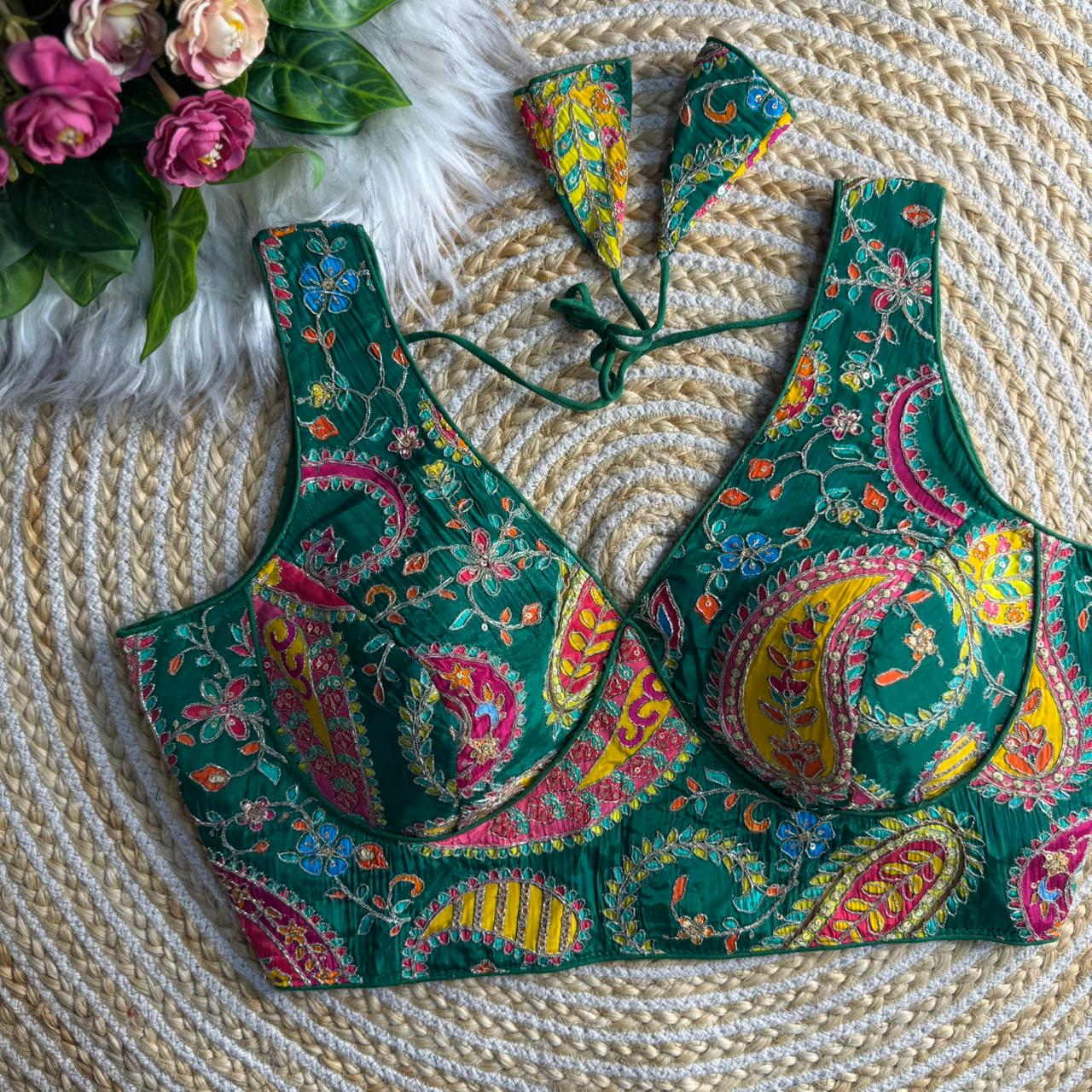 heavy bridal madhubala style blouse, pure italian silk readymade blouse, red designer bridal blouse back open, zari coding sequence blouse India, premium padded bridal blouse, premium readymade blouse online India, heavy bridal blouse designer, Madhubala style blouse, pure silk readymade blouse, zari sequence blouse online, luxury partywear blouse India,