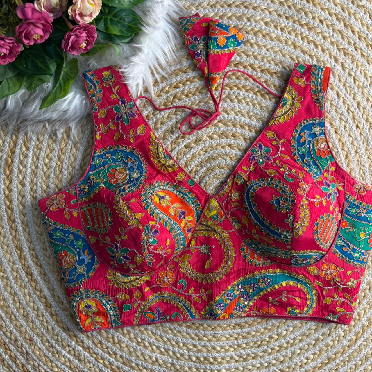 heavy bridal madhubala style blouse, pure italian silk readymade blouse, red designer bridal blouse back open, zari coding sequence blouse India, premium padded bridal blouse, premium readymade blouse online India, heavy bridal blouse designer, Madhubala style blouse, pure silk readymade blouse, zari sequence blouse online, luxury partywear blouse India,