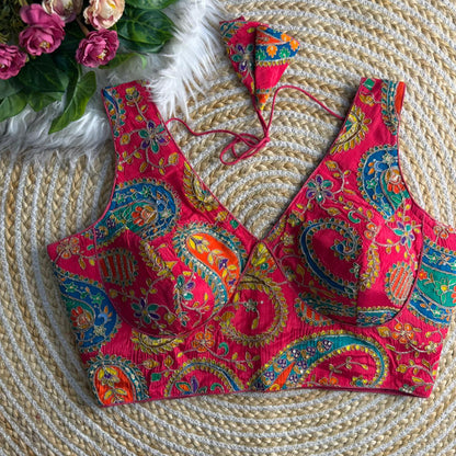 heavy bridal madhubala style blouse, pure italian silk readymade blouse, red designer bridal blouse back open, zari coding sequence blouse India, premium padded bridal blouse, premium readymade blouse online India, heavy bridal blouse designer, Madhubala style blouse, pure silk readymade blouse, zari sequence blouse online, luxury partywear blouse India,