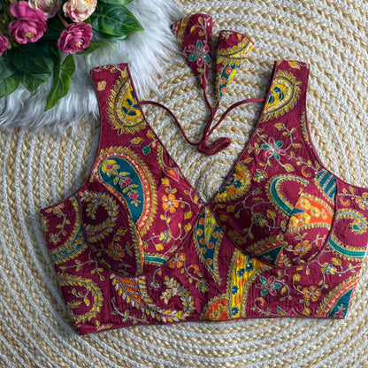 heavy bridal madhubala style blouse, pure italian silk readymade blouse, red designer bridal blouse back open, zari coding sequence blouse India, premium padded bridal blouse, premium readymade blouse online India, heavy bridal blouse designer, Madhubala style blouse, pure silk readymade blouse, zari sequence blouse online, luxury partywear blouse India,