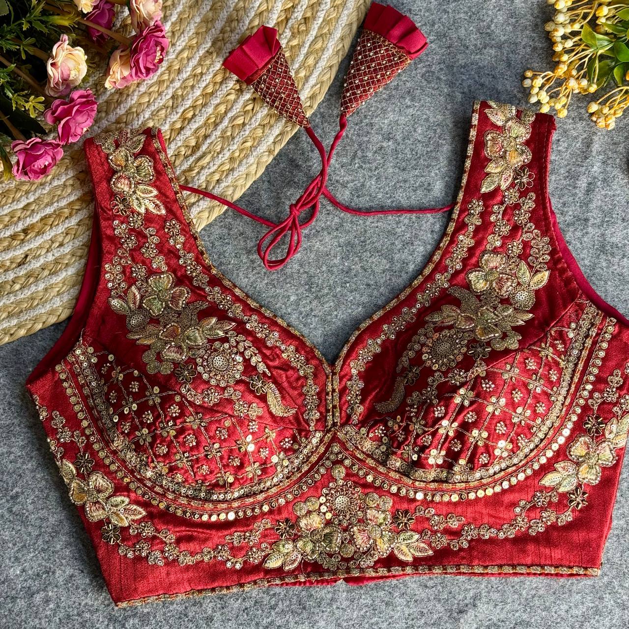 Sabyasachi Neck Bridal Blouse Maroon Free Size