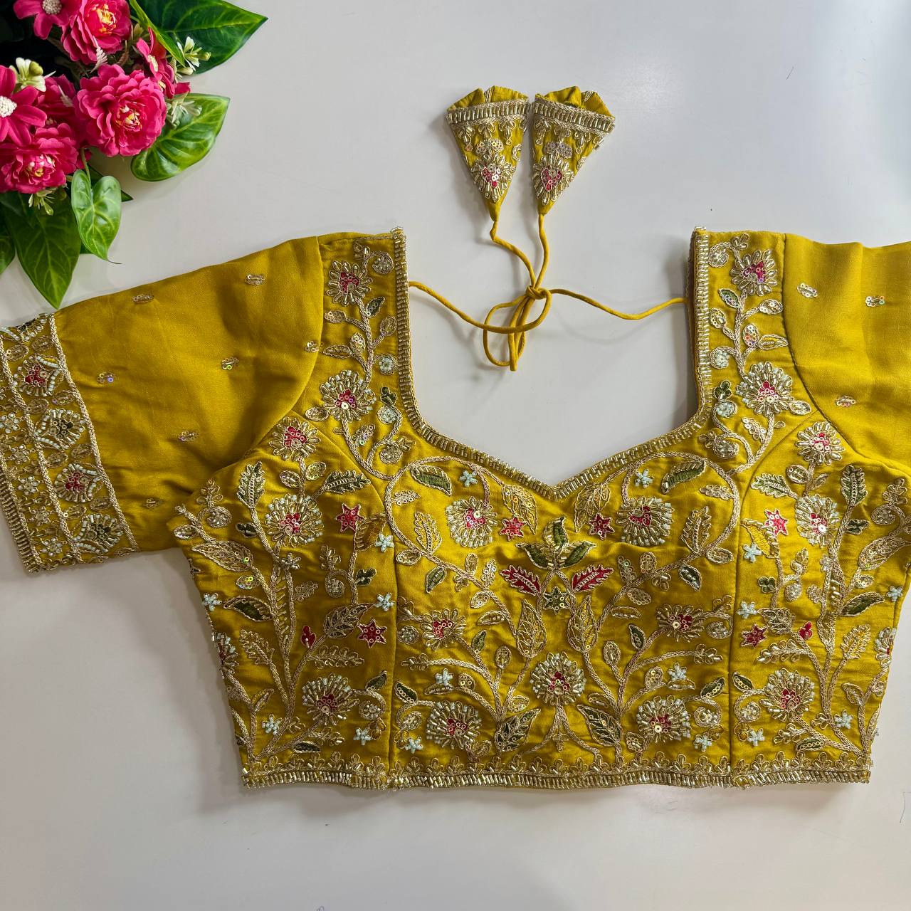 Heavy Stars & Beads Work Bridal Blouse Yellow Free Size