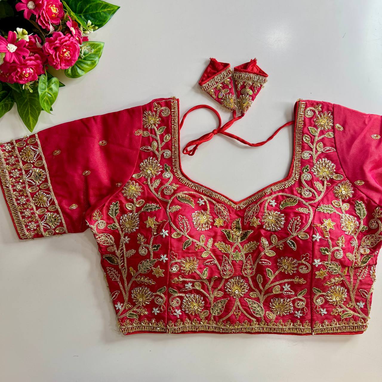 Heavy Stars & Beads Work Bridal Blouse Pink Free Size