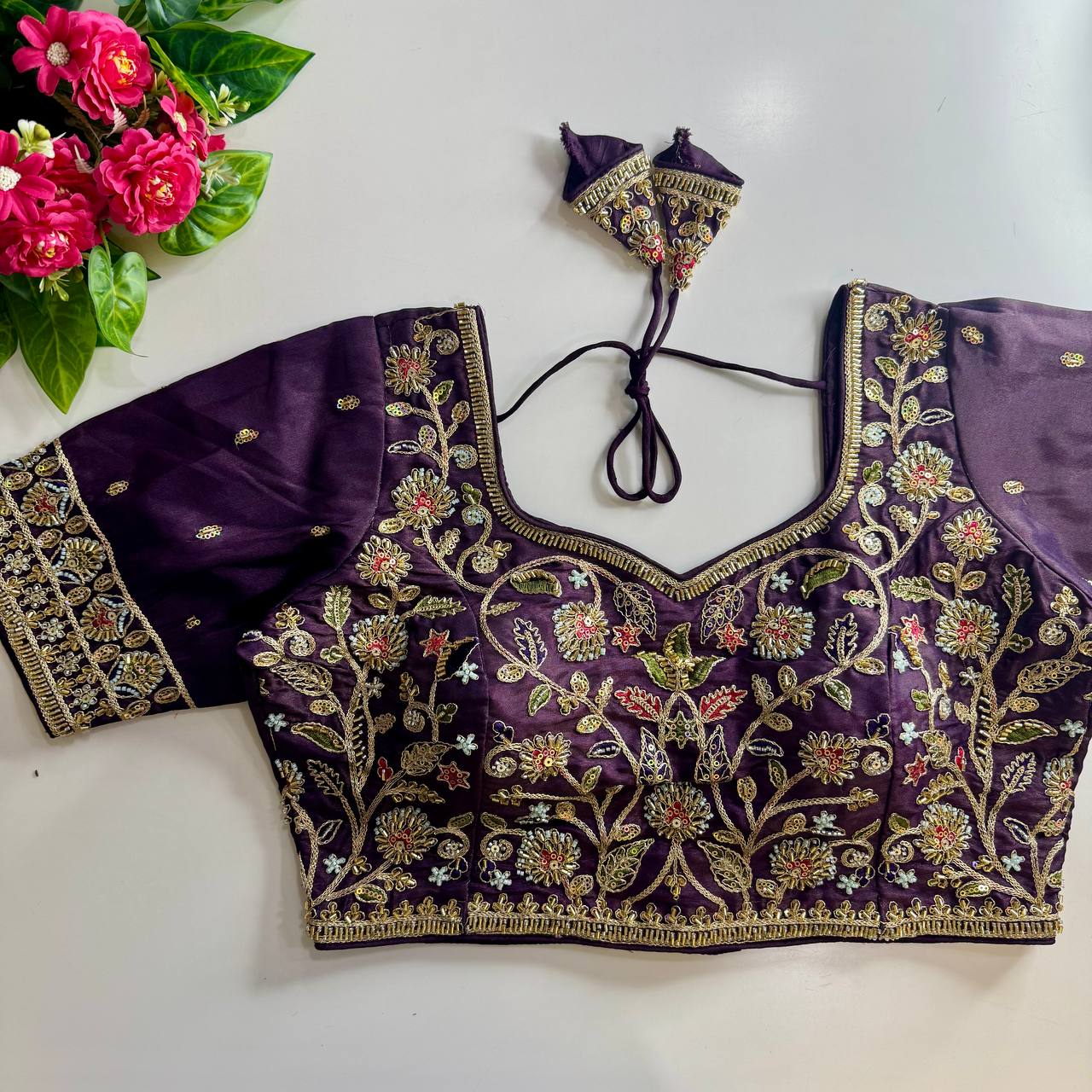 Heavy Stars & Beads Work Bridal Blouse Wine Free Size