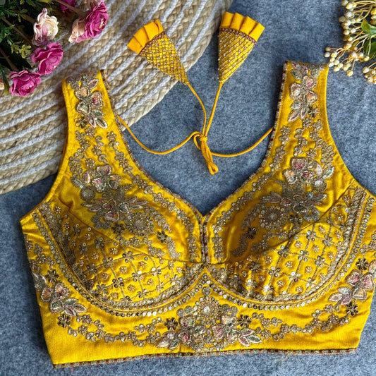 Sabyasachi Neck Bridal Blouse Yellow Free Size