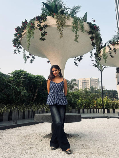 Blue floral cotton short kurti