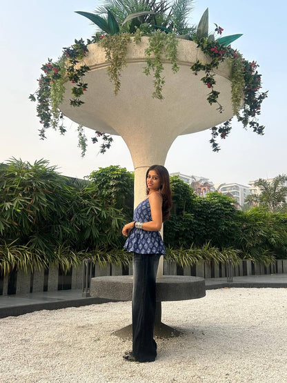 Blue floral cotton short kurti