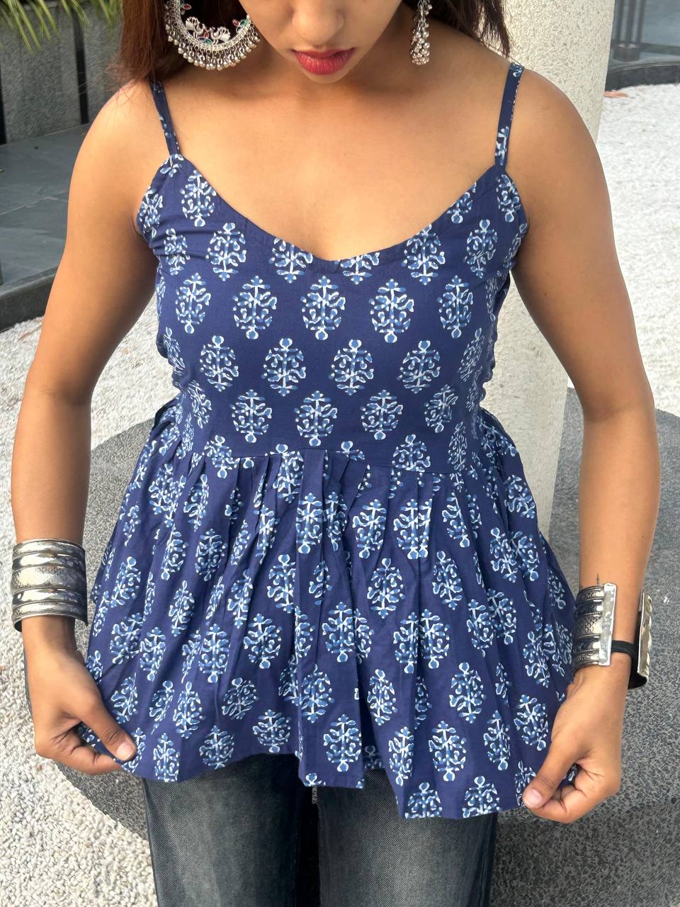 Blue floral cotton short kurti