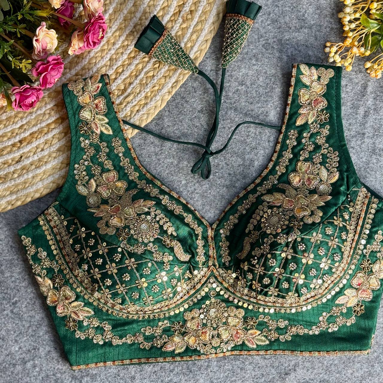 Sabyasachi Neck Bridal Blouse Green Free Size