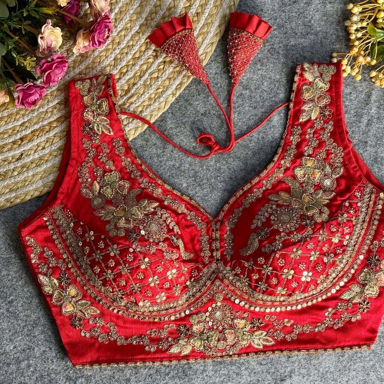 Sabyasachi Neck Bridal Blouse Red Free Size
