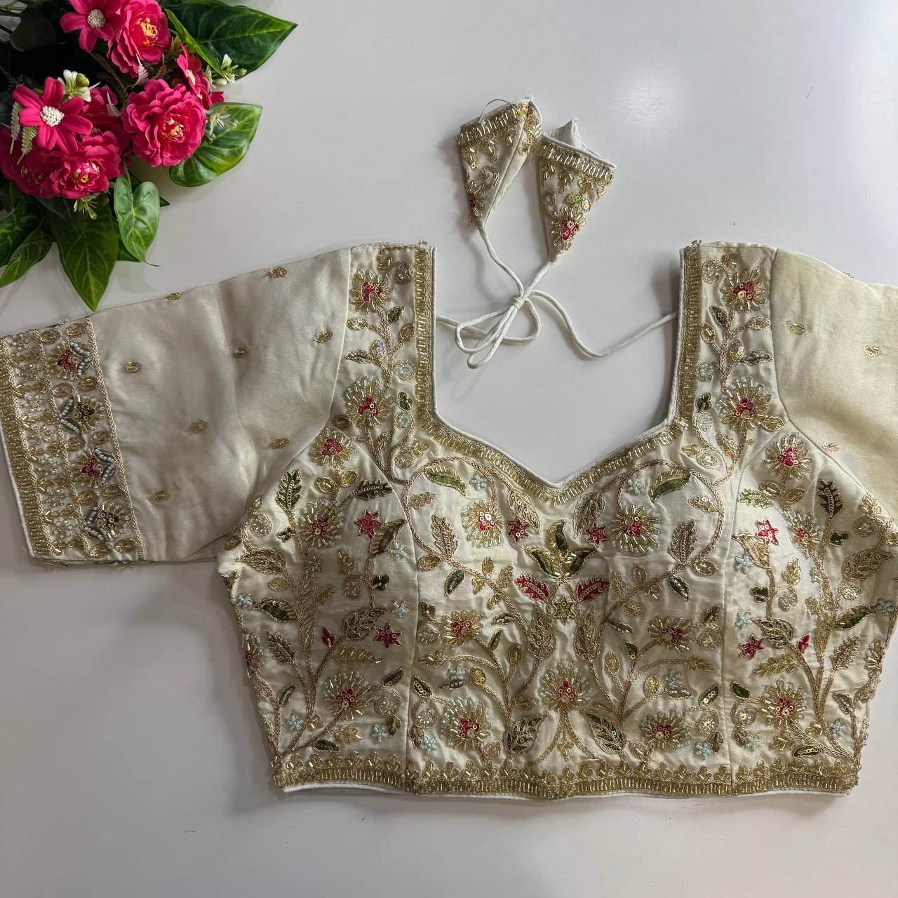 Heavy Stars & Beads Work Bridal Blouse White Free Size