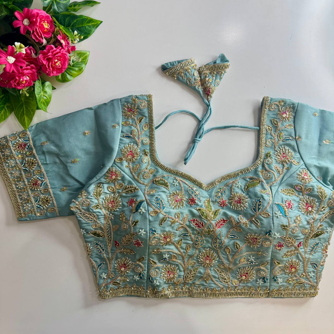 Heavy Stars & Beads Work Bridal Blouse Sky Free Size