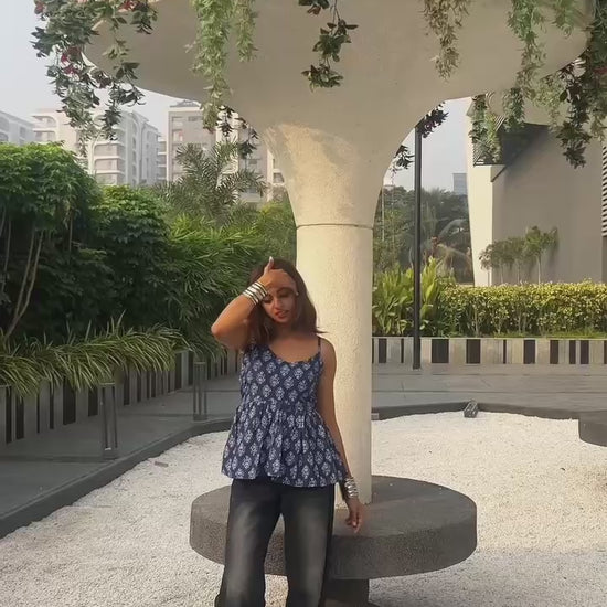 Blue floral cotton short kurti