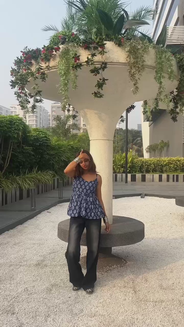 Load video: Blue floral cotton short kurti